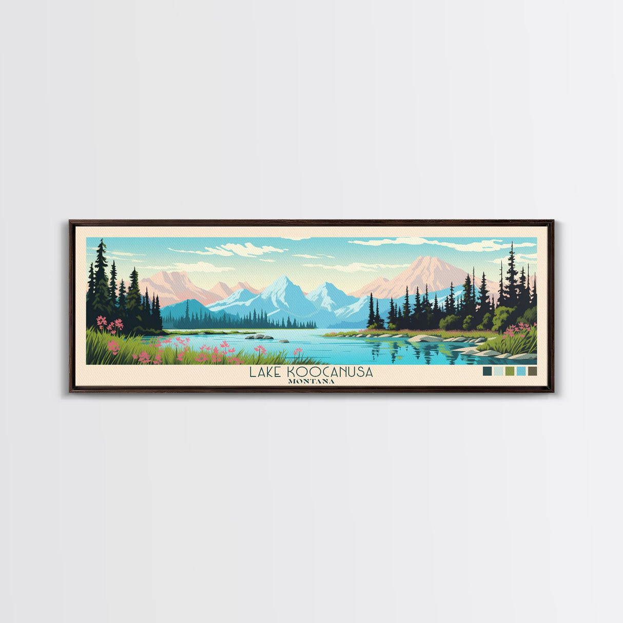 Lake Koocanusa Montana Framed Canvas Print, Panoramic Wall Art, Midcentury Modern, Pop Art, Living Room Decor, Travel Poster, Bedroom Art