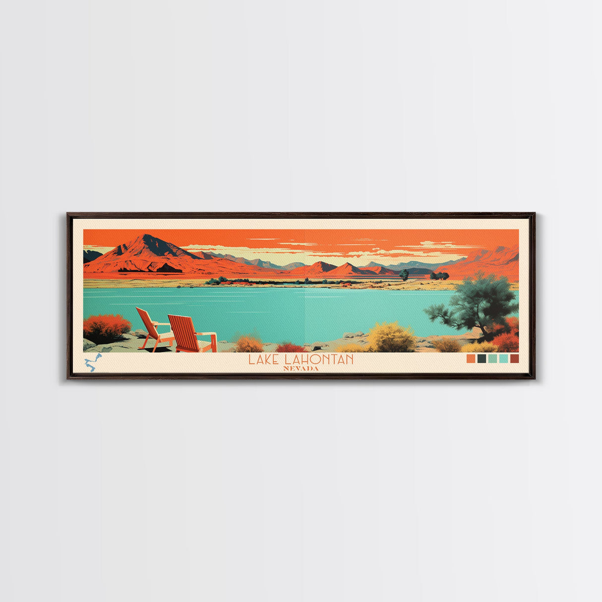 Lake Lahontan Nevada Framed Canvas Print, Panoramic Wall Art, Midcentury Modern, Pop Art, Living Room Decor, Travel Poster, Bedroom Art