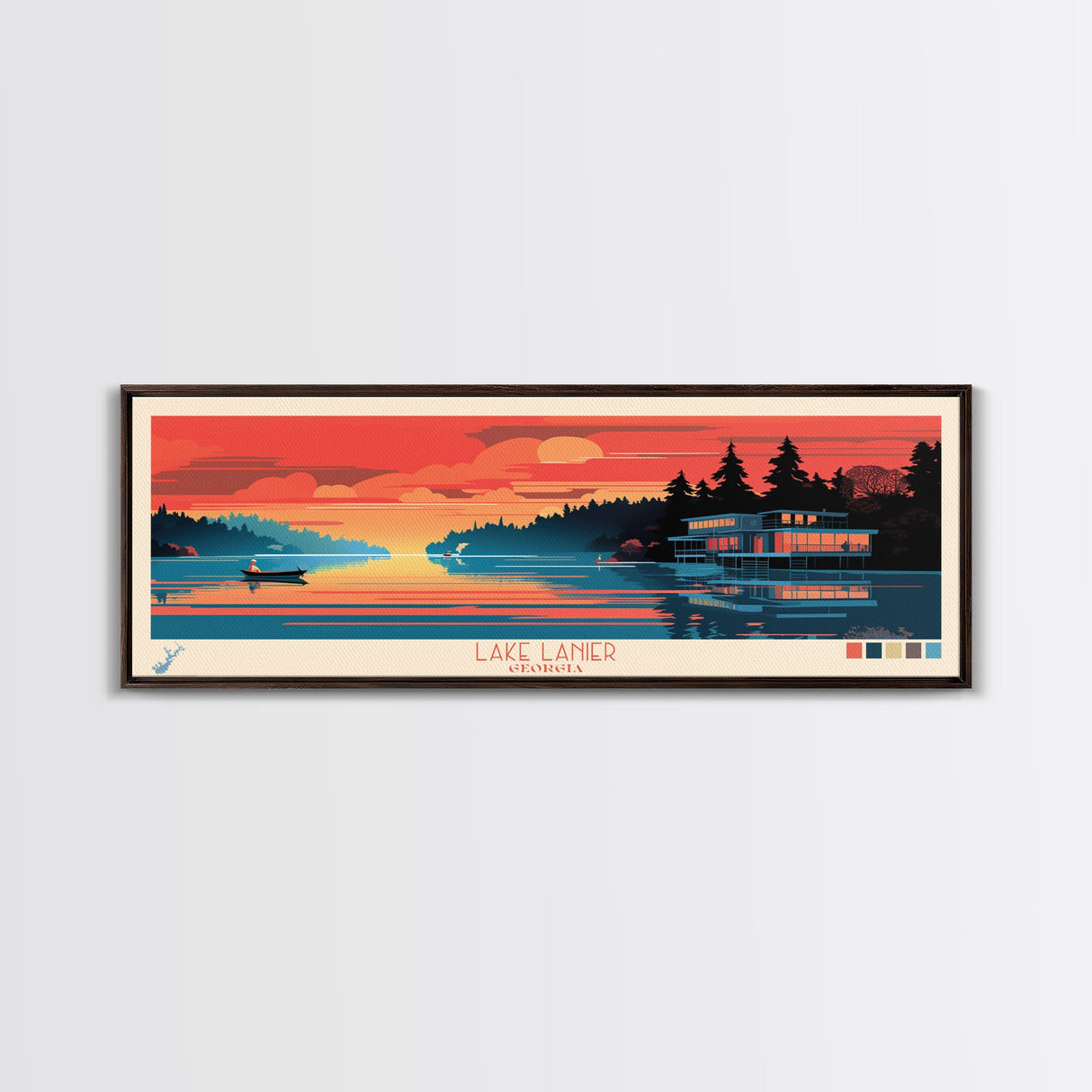 Lake Lanier Georgia Framed Canvas Print, Panoramic Wall Art, Midcentury Modern, Pop Art, Lake House Decor, Travel Poster, Bedroom Art