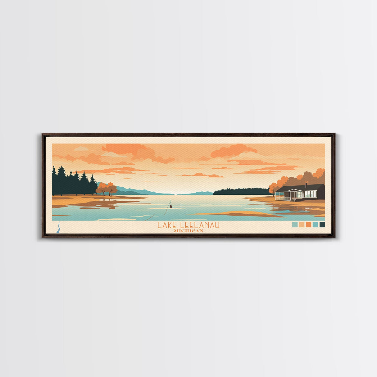 Lake Leelanau Michigan Framed Canvas Print, Panoramic Wall Art, Midcentury Modern, Pop Art, Living Room Decor, Travel Poster, Bedroom Art