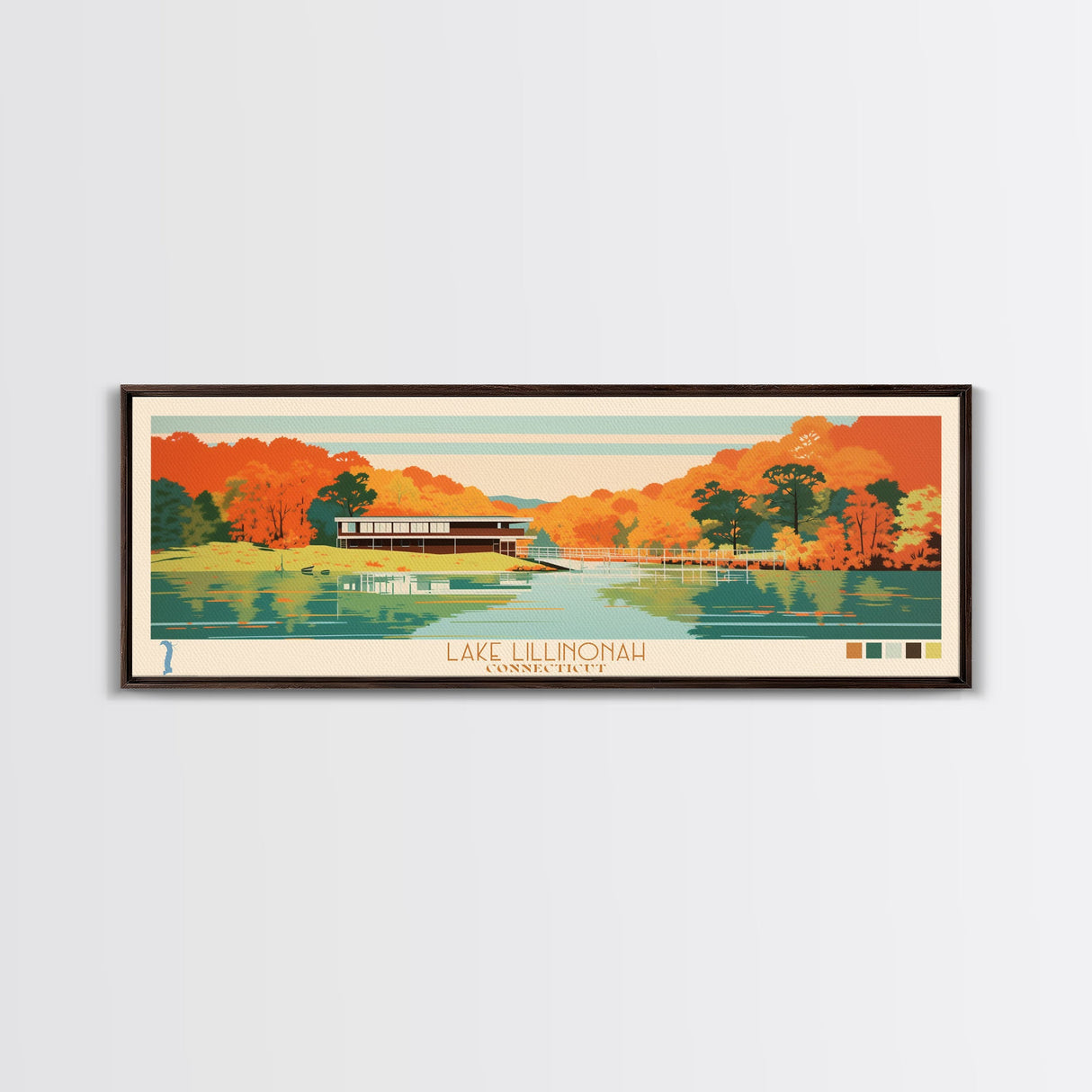 Lake Lillinonah Connecticut Framed Canvas Print, Panoramic Wall Art, Midcentury Modern, Pop Art, Living Room Decor, Travel Poster