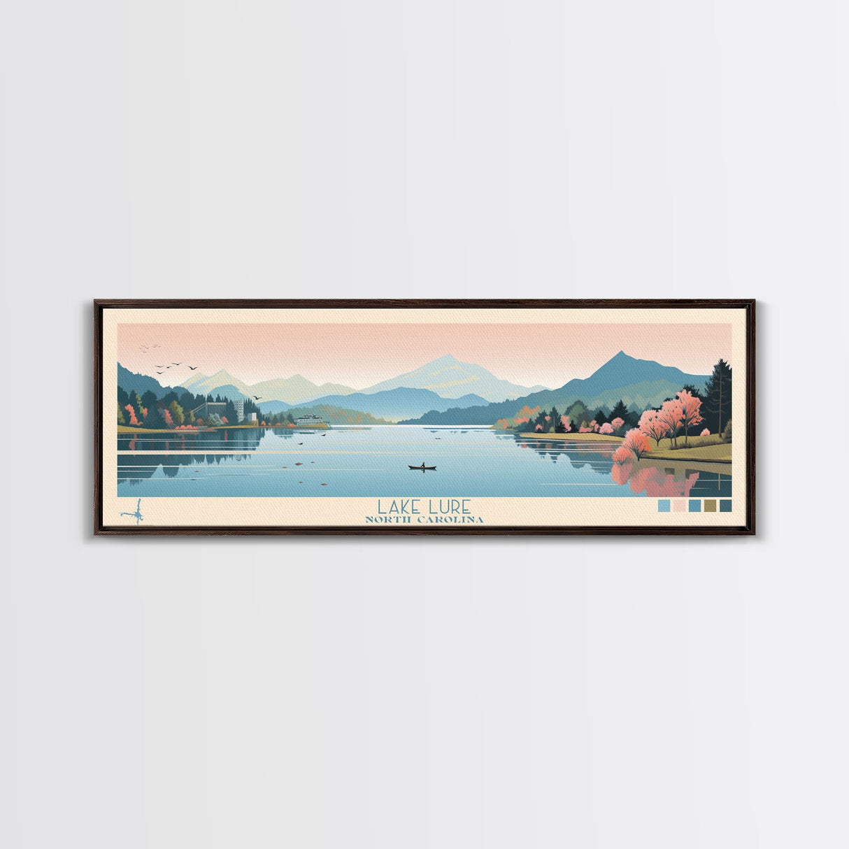 Lake Lure North Carolina Framed Canvas Print, Panoramic Wall Art, Midcentury Modern, Pop Art, Living Room Decor, Travel Poster