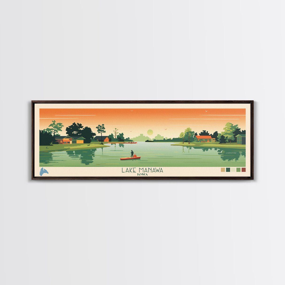 Lake Manawa Iowa Framed Canvas Print, Panoramic Wall Art, Midcentury Modern, Pop Art, Living Room Decor, Travel Poster