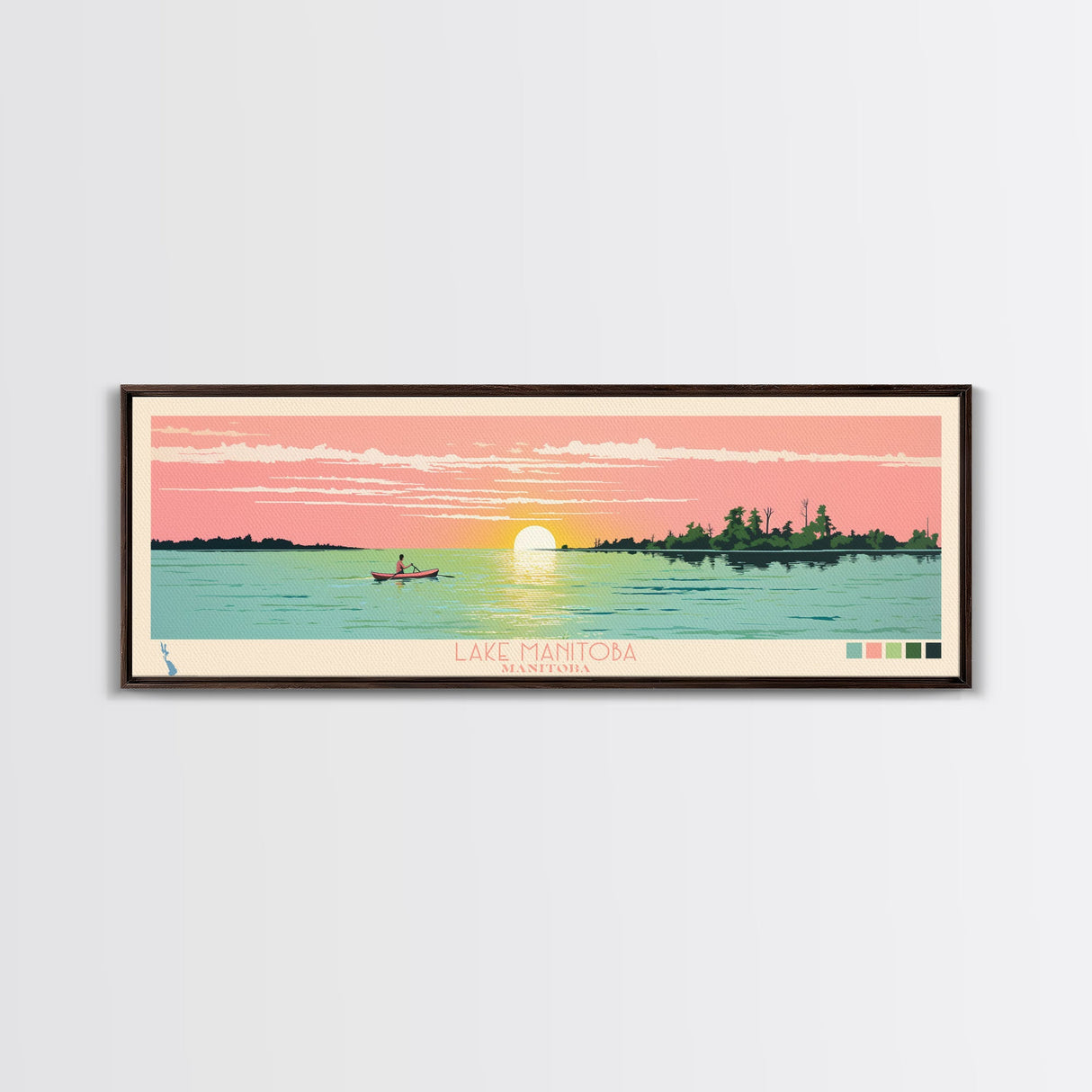 Lake Manitoba Manitoba Framed Canvas Print, Panoramic Wall Art, Midcentury Modern, Pop Art, Bedroom Art, Travel Poster, Lake House Decor