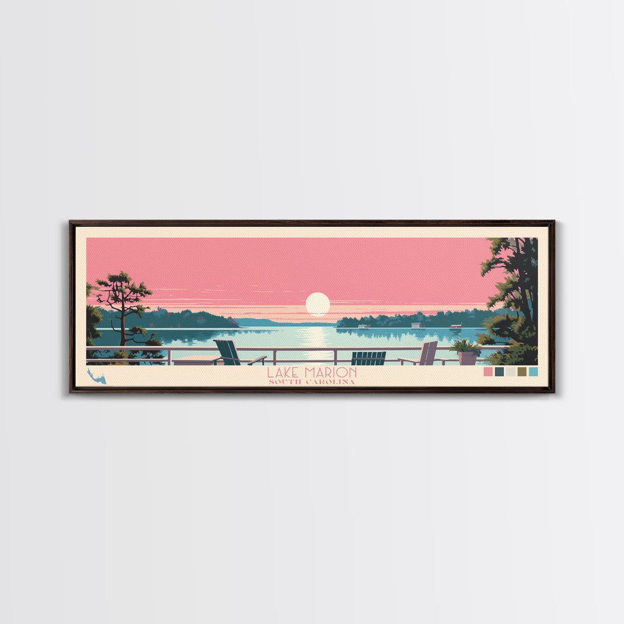 Lake Marion South Carolina Framed Canvas Print, Panoramic Wall Art, Midcentury Modern, Pop Art, Living Room Decor, Travel Poster