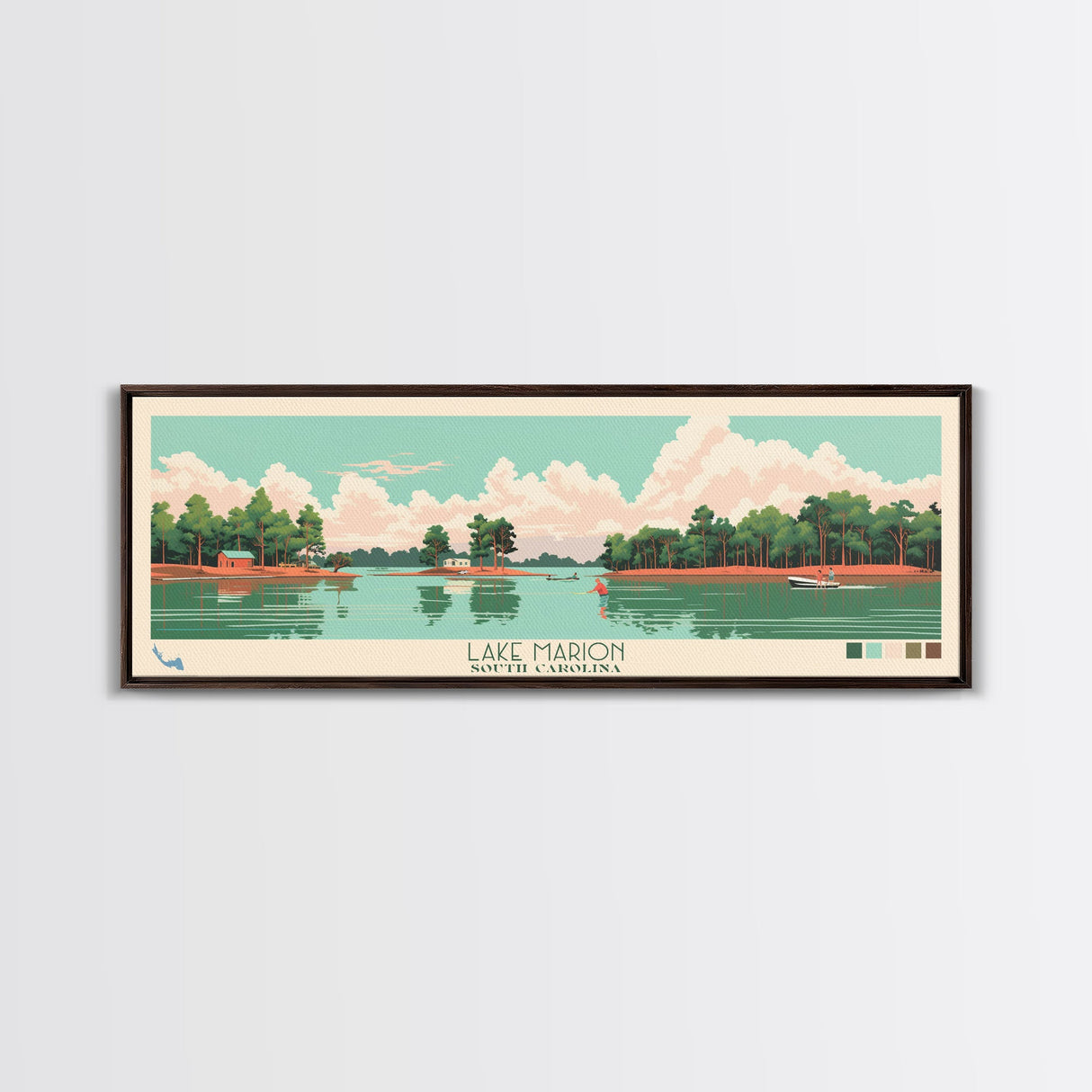 Lake Marion South Carolina Framed Canvas Print, Panoramic Wall Art, Midcentury Modern, Pop Art, Bedroom Art, Travel Poster, Lake House Decor