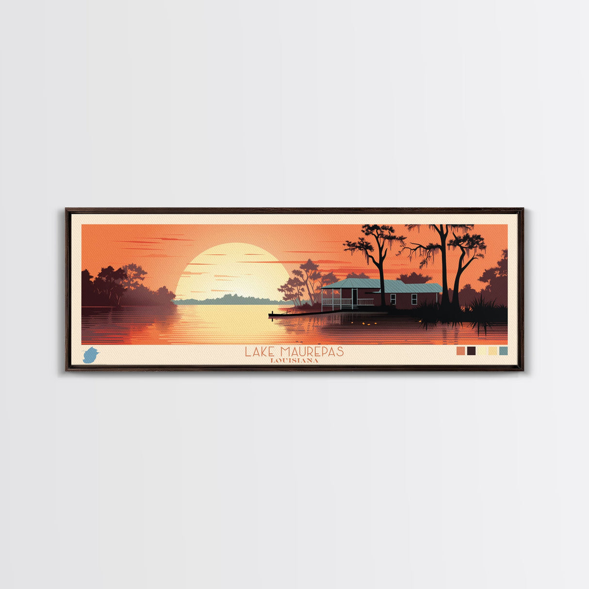 Lake Maurepas Louisiana Framed Canvas Print, Panoramic Wall Art, Midcentury Modern, Pop Art, Bedroom Art, Travel Poster, Lake House Decor