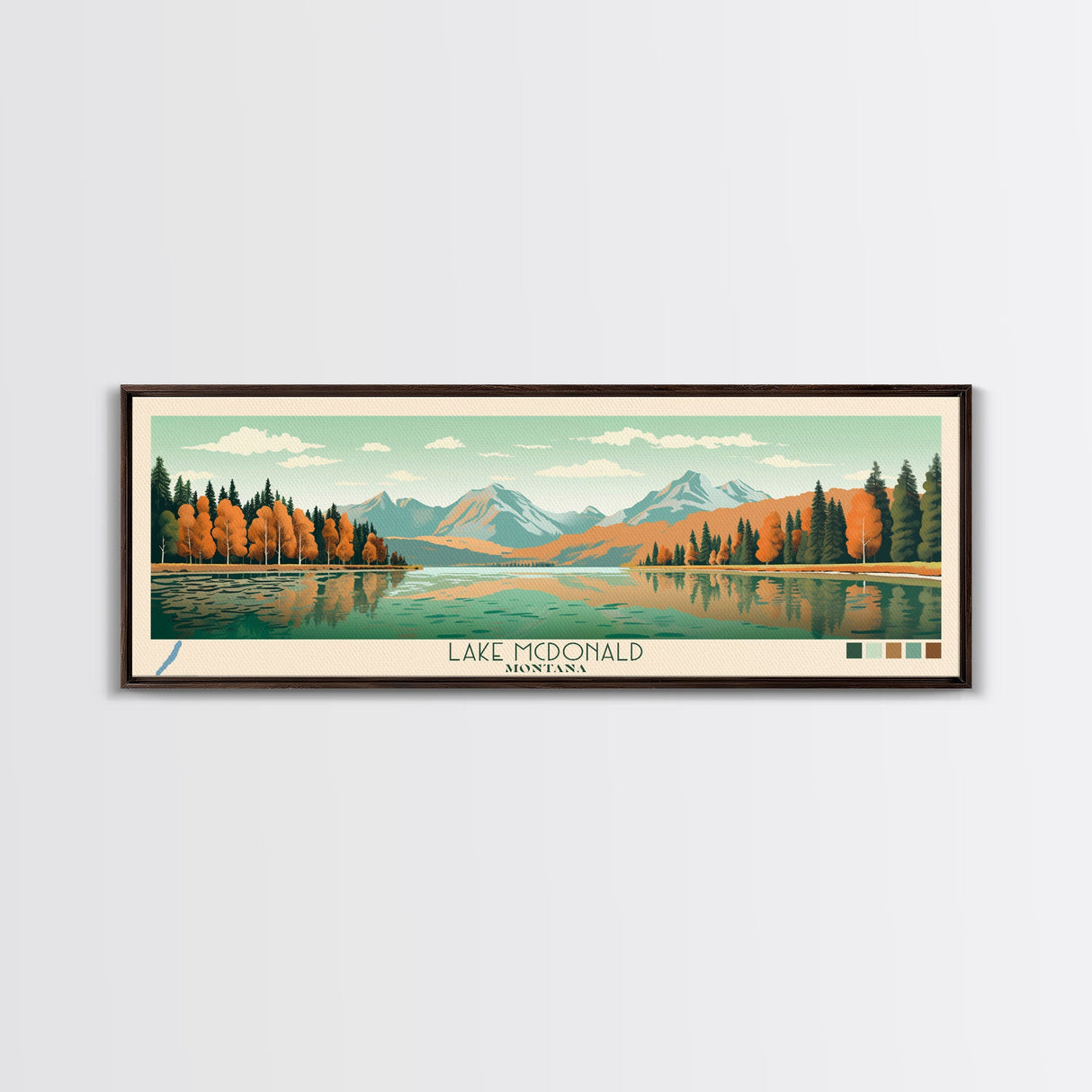 Lake McDonald Montana Framed Canvas Print, Panoramic Wall Art, Midcentury Modern, Pop Art, Living Room Decor, Travel Poster