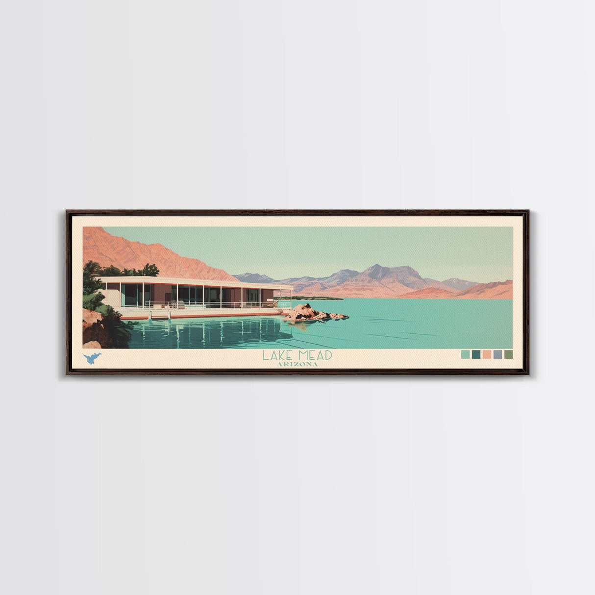 Lake Mead Arizona Nevada Framed Canvas Print, Panoramic Wall Art, Midcentury Modern, Pop Art, Living Room Decor, Travel Poster