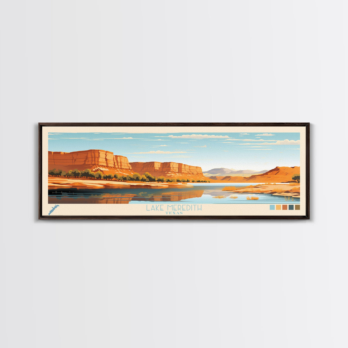 Lake Meredith Texas Framed Canvas Print, Panoramic Wall Art, Midcentury Modern, Pop Art, Bedroom Art, Travel Poster, Lake House Decor