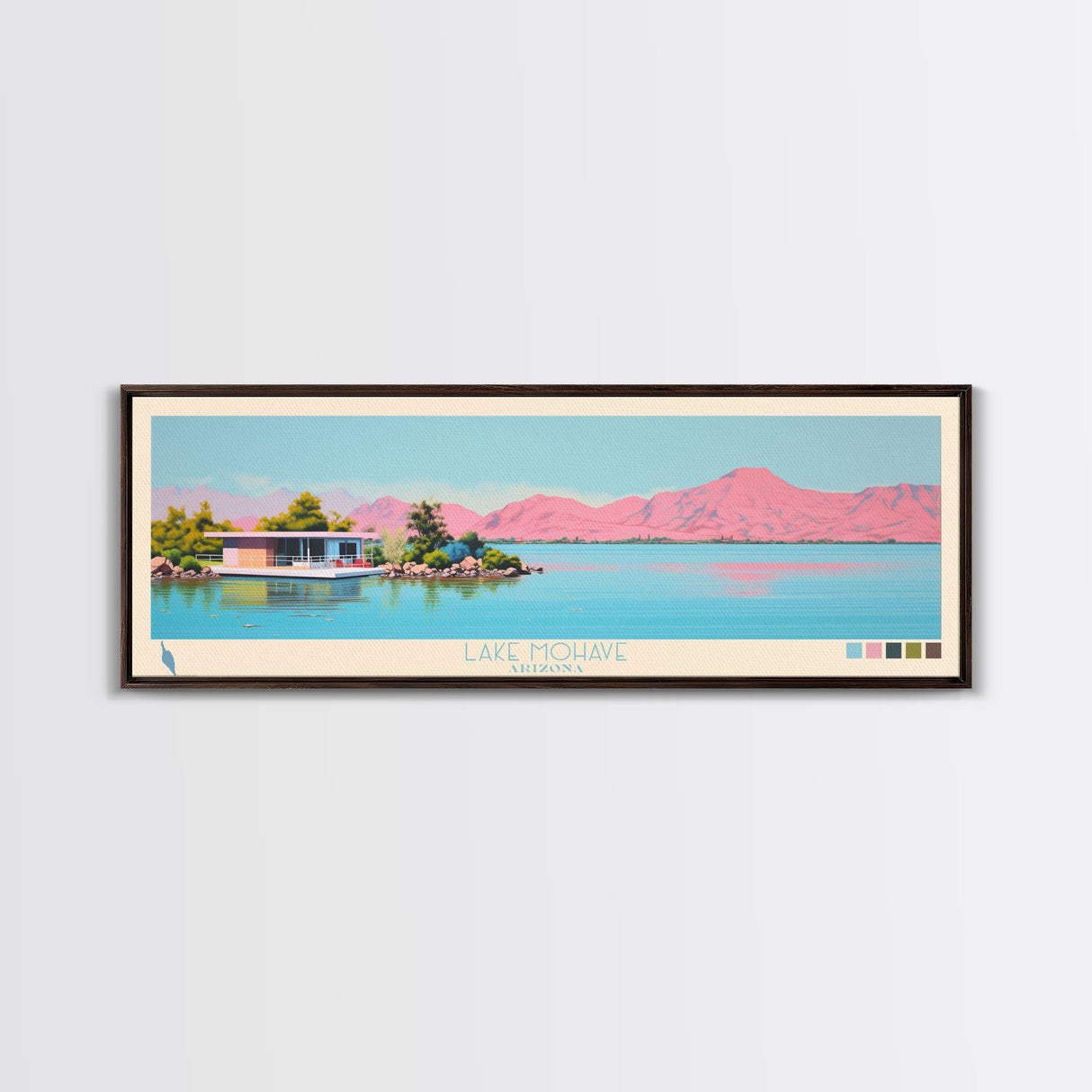 Lake Mohave Arizona Framed Canvas Print, Panoramic Wall Art, Midcentury Modern, Pop Art, Bedroom Art, Travel Poster, Lake House Decor