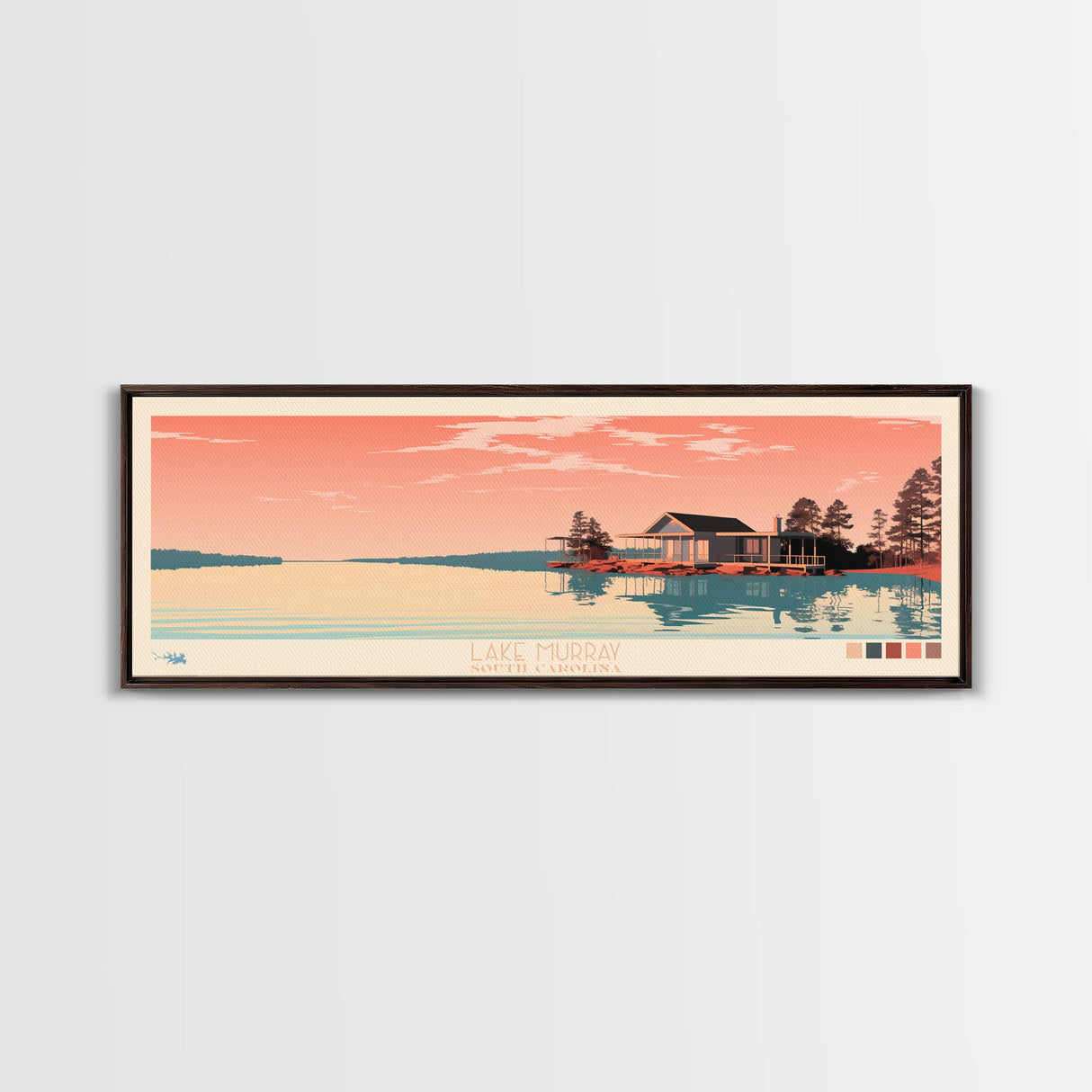 Lake Murray South Carolina Framed Canvas Print, Panoramic Wall Art, Midcentury Modern, Pop Art, Bedroom Art, Travel Poster, Lake House Decor