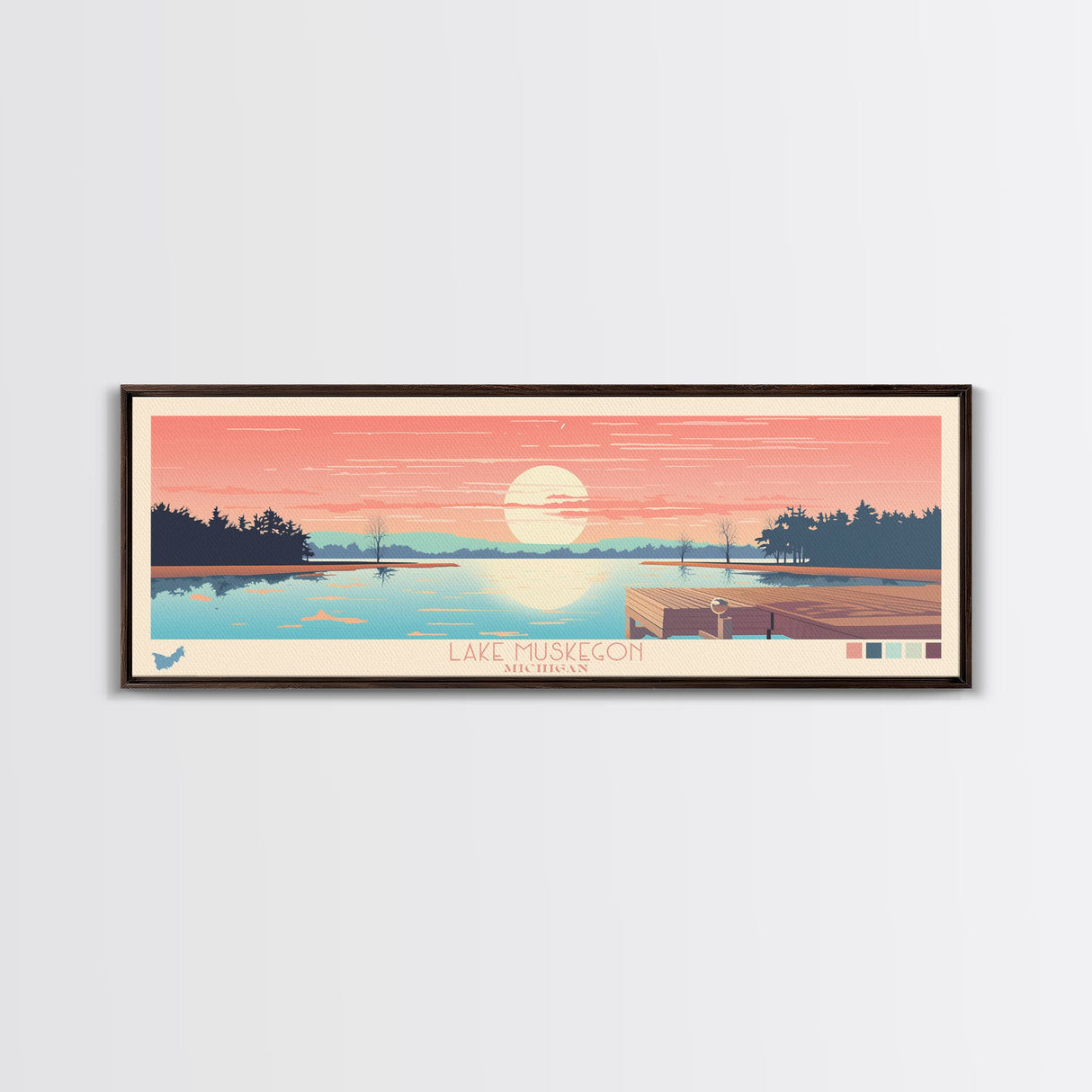 Lake Muskegon Michigan Framed Canvas Print, Panoramic Wall Art, Midcentury Modern, Pop Art, Living Room Decor, Travel Poster