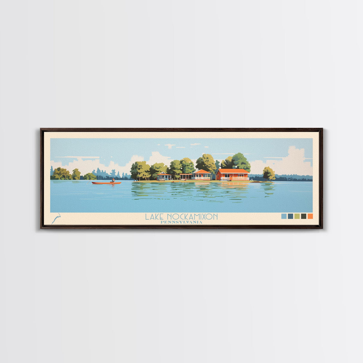 Lake Nockamixon Pennsylvania Framed Canvas Print, Panoramic Wall Art, Midcentury Modern, Pop Art, Living Room Decor, Travel Poster, Lake House Art