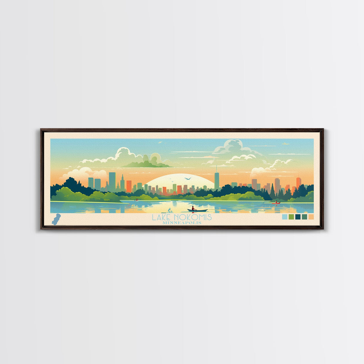 Lake Nokomis Minneapolis Framed Canvas Print, Panoramic Wall Art, Midcentury Modern, Pop Art, Bedroom Art, Travel Poster, Lake House Decor