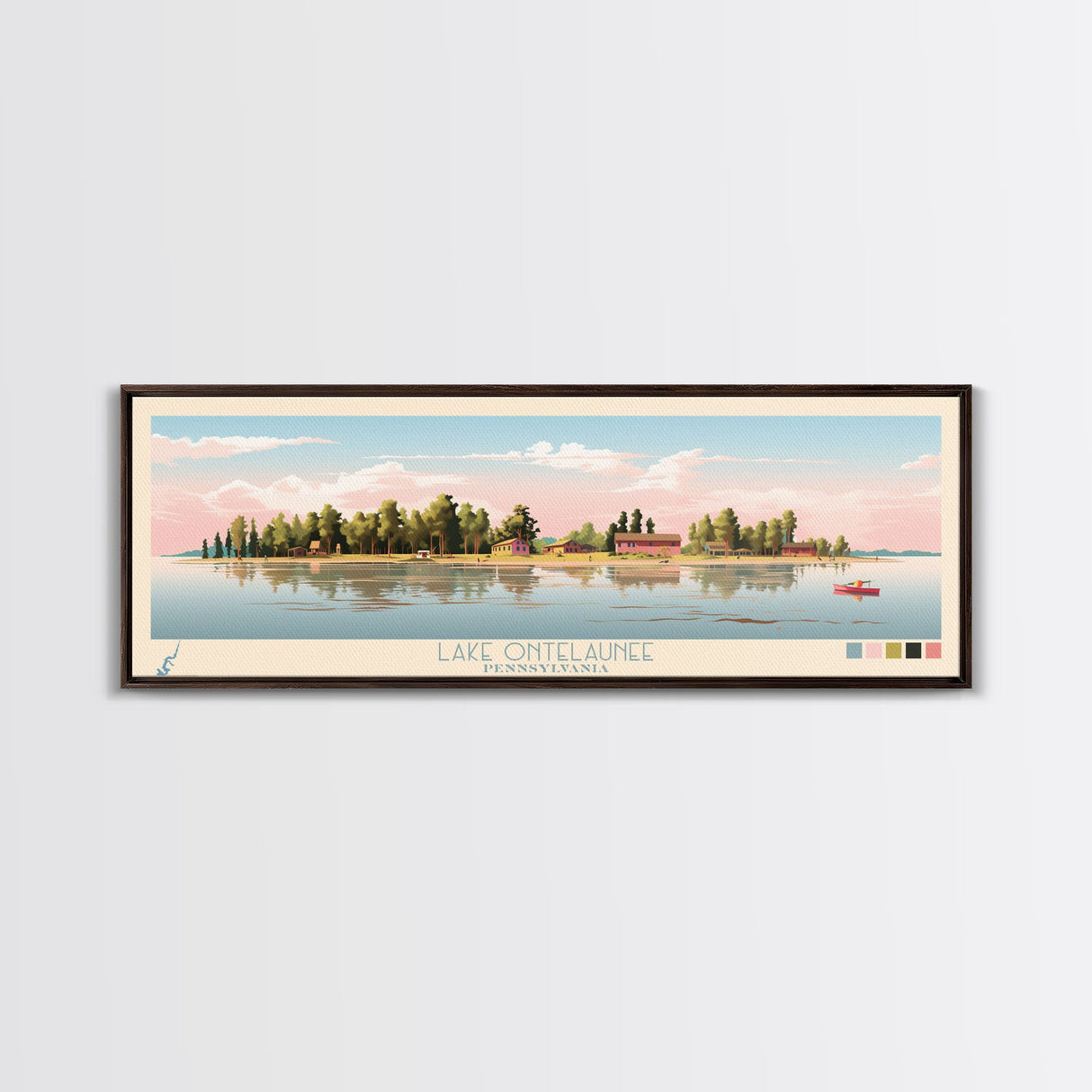 Lake Ontelaunee Pennsylvania Framed Canvas Print, Panoramic Wall Art, Midcentury Modern, Pop Art, Living Room Decor, Travel Poster, Lake House Art