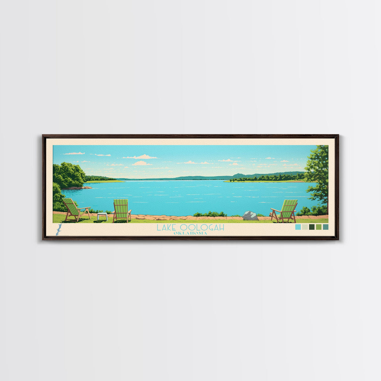 Lake Oologah Oklahoma Framed Canvas Print, Panoramic Wall Art, Midcentury Modern, Pop Art, Bedroom Art, Travel Poster, Lake House Decor