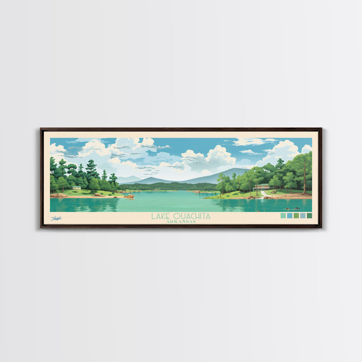 Lake Ouachita Arkansas Framed Canvas Print, Panoramic Wall Art, Midcentury Modern, Pop Art, Living Room Decor, Travel Poster, Lake House Art