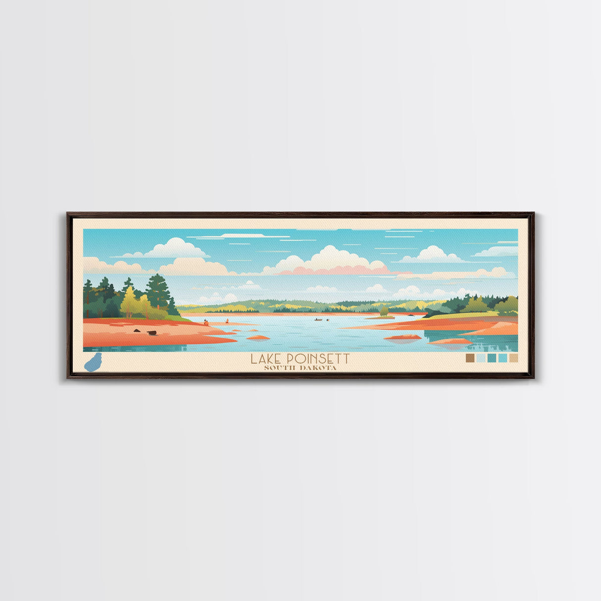 Lake Poinsett South Dakota Framed Canvas Print, Panoramic Wall Art, Midcentury Modern, Pop Art, Bedroom Art, Travel Poster, Lake House Decor