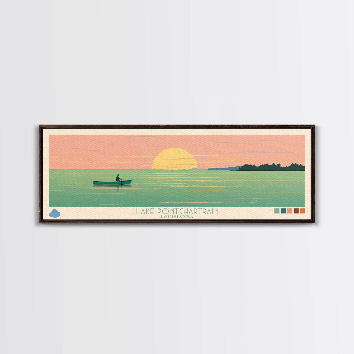 Lake Pontchartrain Louisiana Framed Canvas Print, Panoramic Wall Art, Midcentury Modern, Pop Art, Bedroom Art, Travel Poster, Lake House Decor