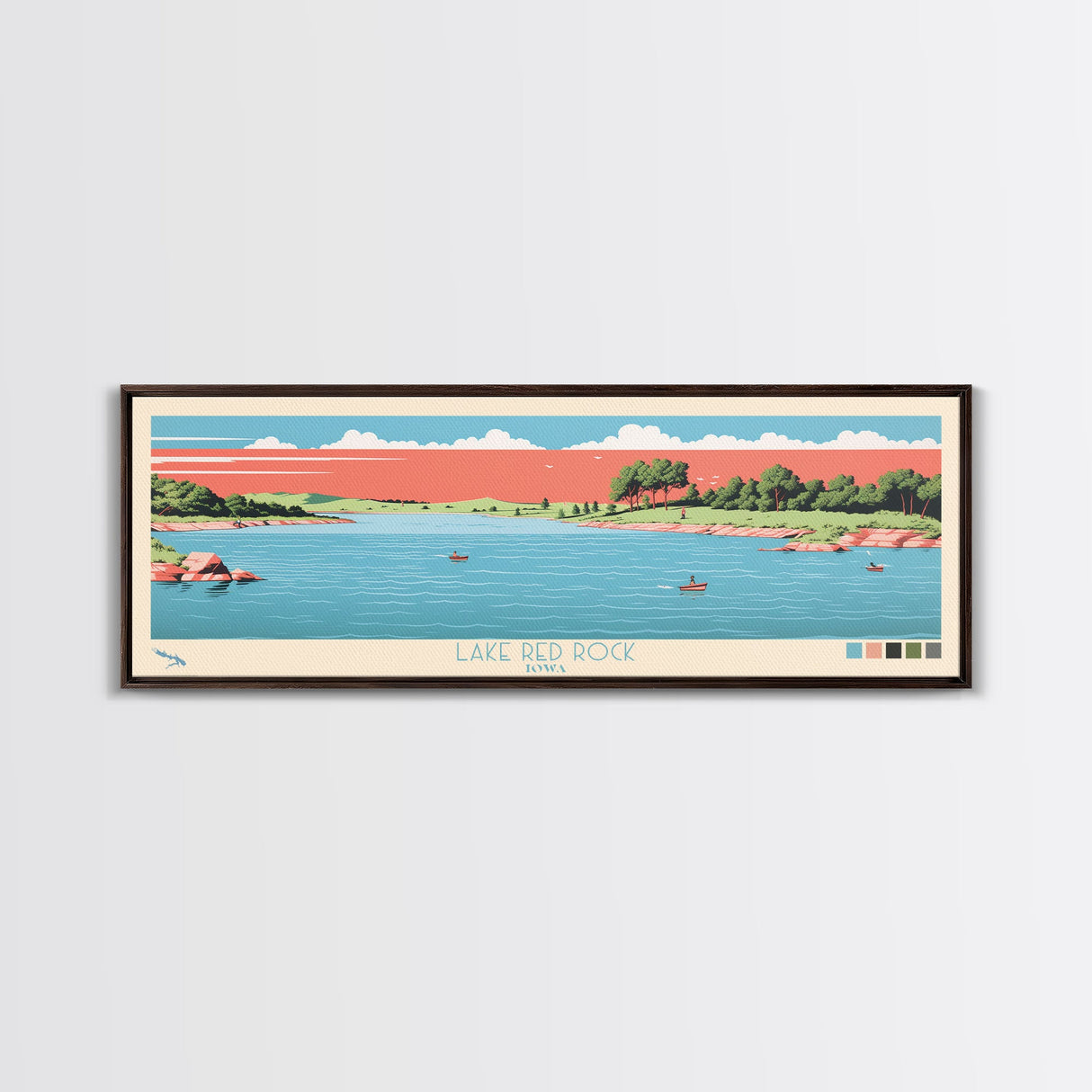 Lake Red Rock Iowa Framed Canvas Print, Panoramic Wall Art, Midcentury Modern, Pop Art, Living Room Decor, Travel Poster, Lake House Art