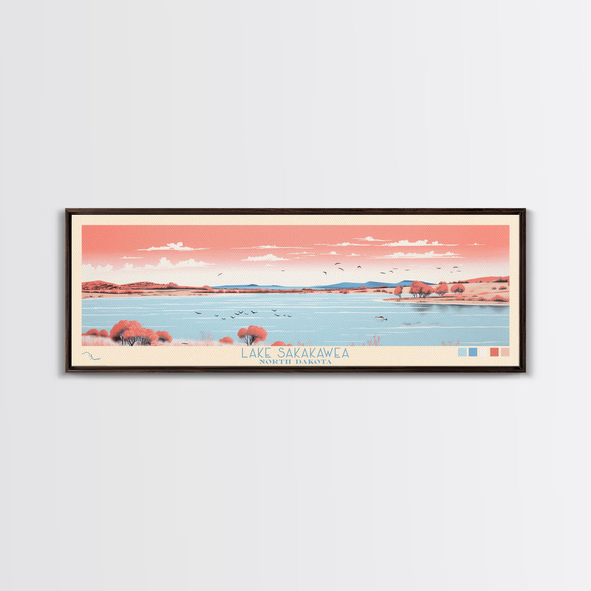 Lake Sakakawea North Dakota Framed Canvas Print, Panoramic Wall Art, Midcentury Modern, Pop Art, Living Room Decor, Travel Poster, Lake House Art