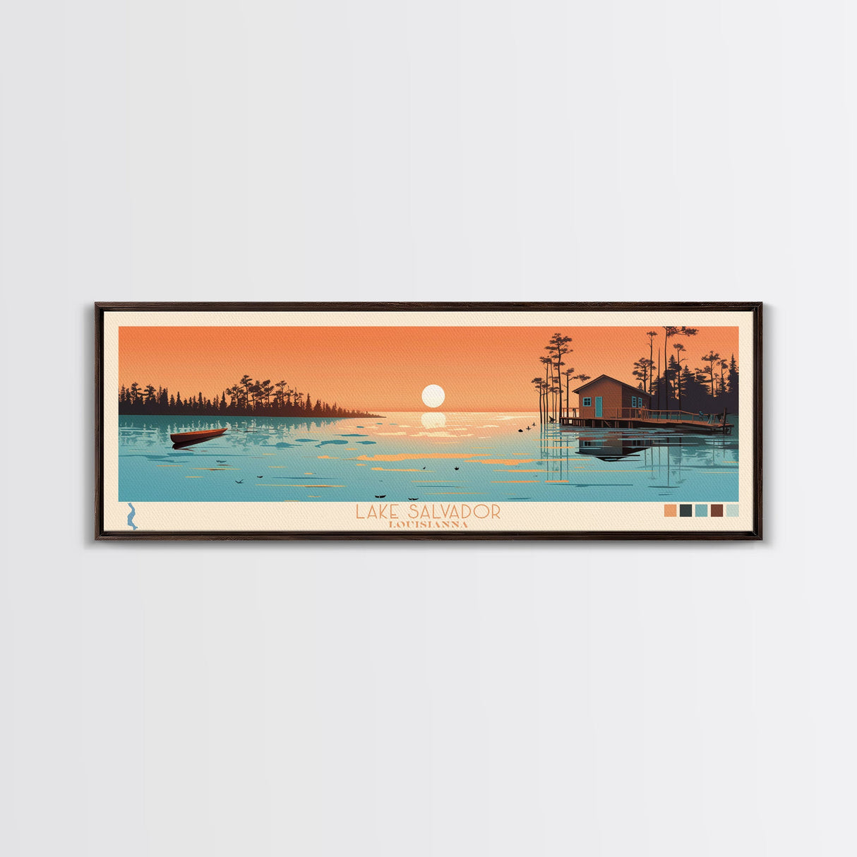 Lake Salvador Louisiana Framed Canvas Print, Panoramic Wall Art, Midcentury Modern, Pop Art, Bedroom Art, Travel Poster, Lake House Decor