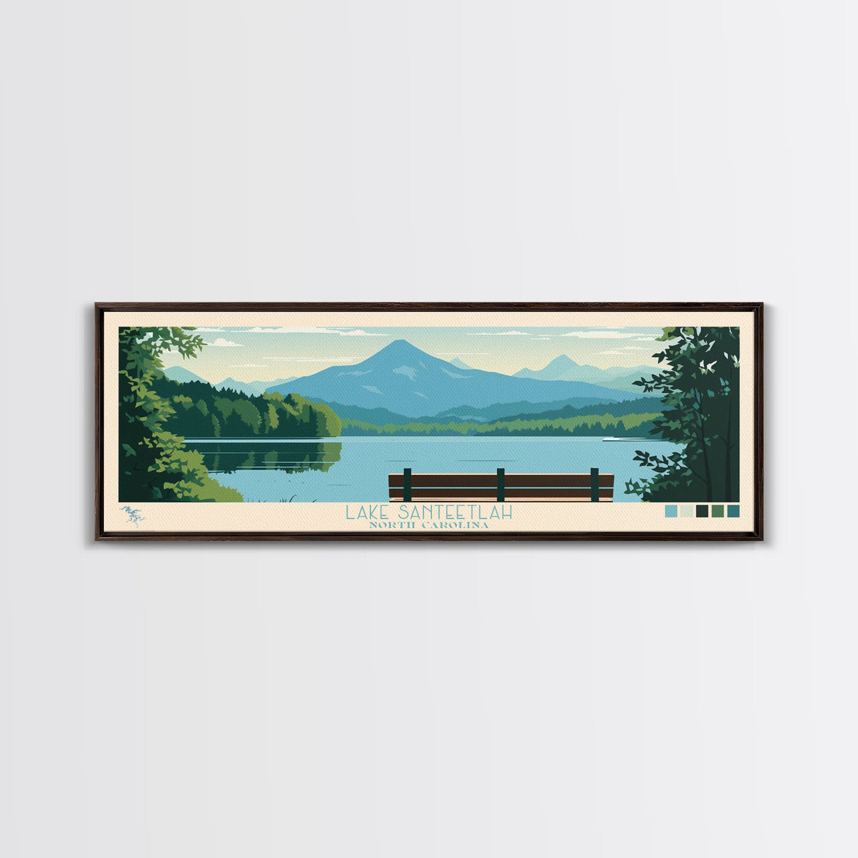 Lake Santeetlah North Carolina Framed Canvas Print, Panoramic Wall Art, Midcentury Modern, Pop Art, Living Room Decor, Travel Poster, Lake House Art