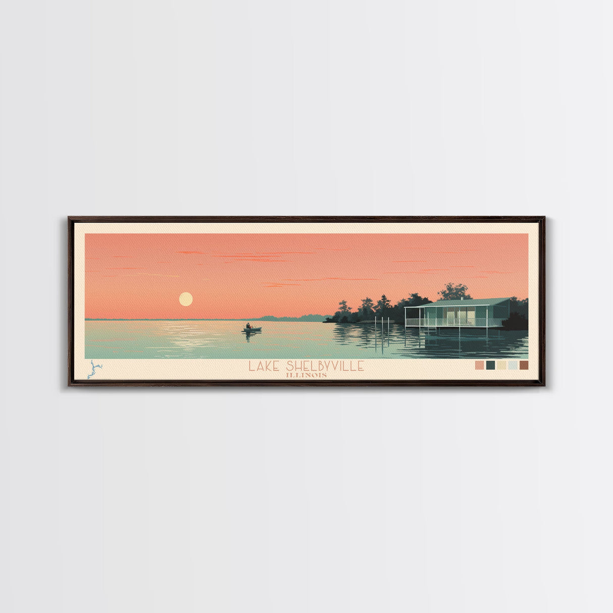 Lake Shelbyville Illinois Framed Canvas Print, Panoramic Wall Art, Midcentury Modern, Pop Art, Bedroom Art, Travel Poster, Lake House Decor