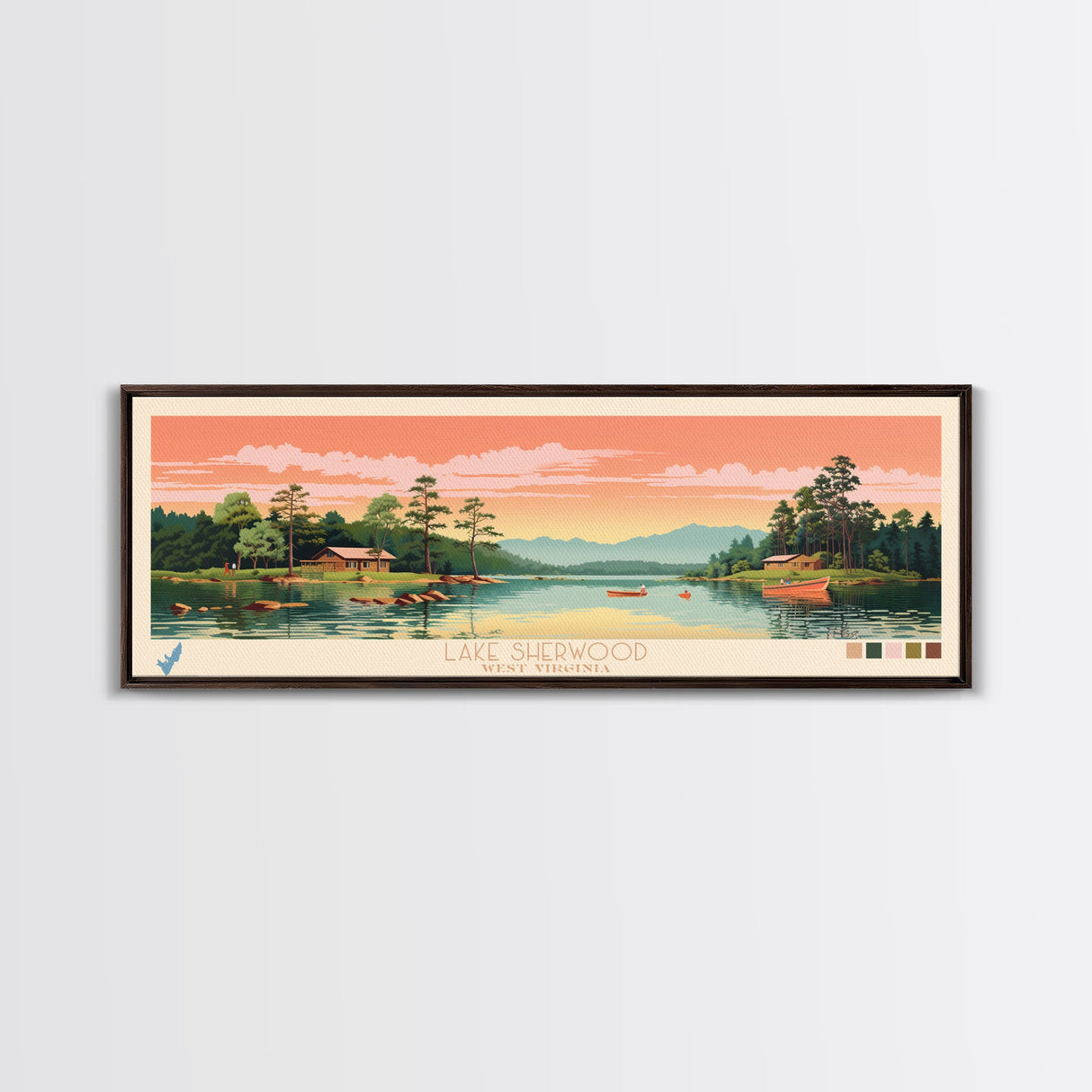 Lake Sherwood West Virginia Framed Canvas Print, Panoramic Wall Art, Midcentury Modern, Pop Art, Living Room Decor, Travel Poster, Lake House Art