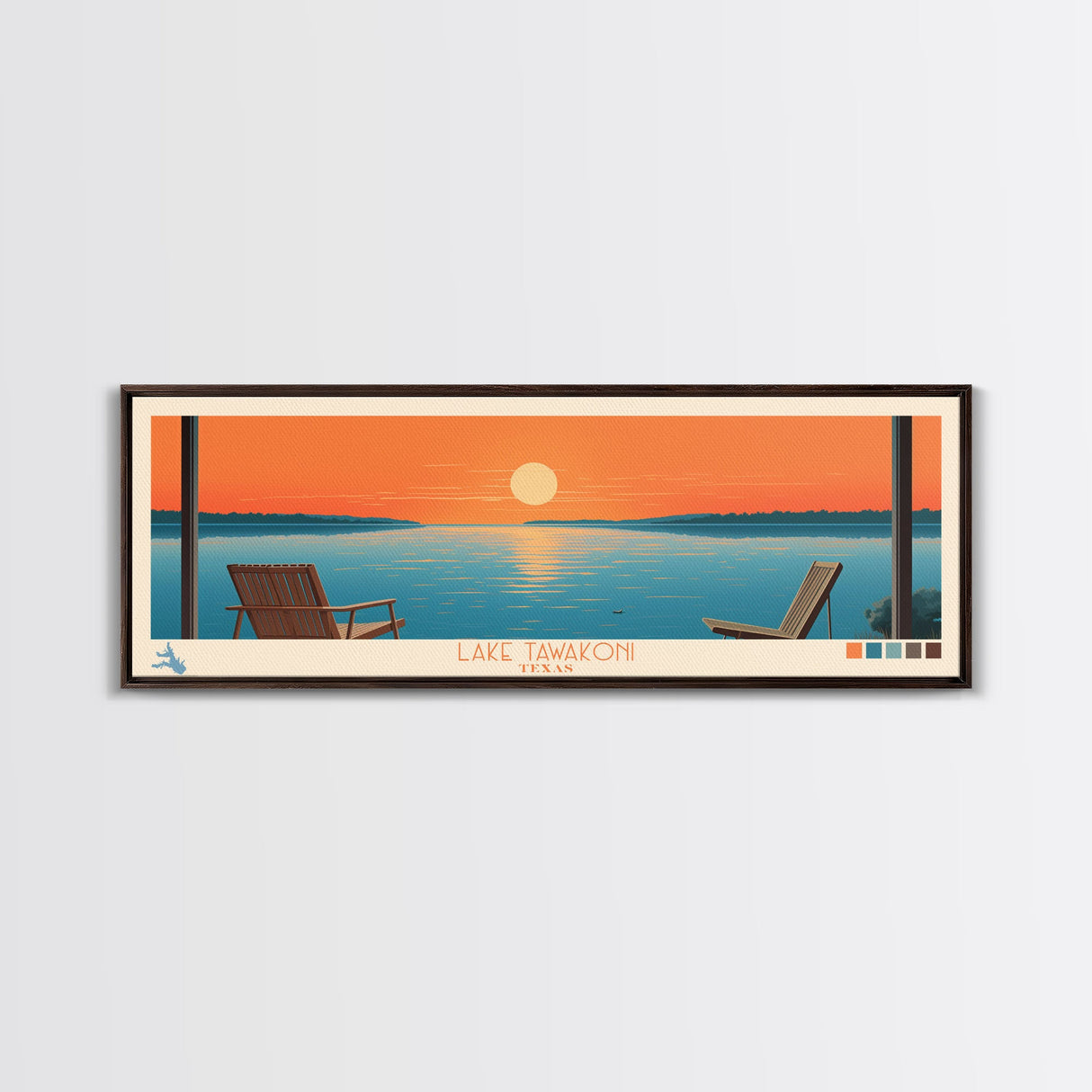 Lake Tawakoni Texas Framed Canvas Print, Panoramic Wall Art, Midcentury Modern, Pop Art, Bedroom Art, Travel Poster, Lake House Decor