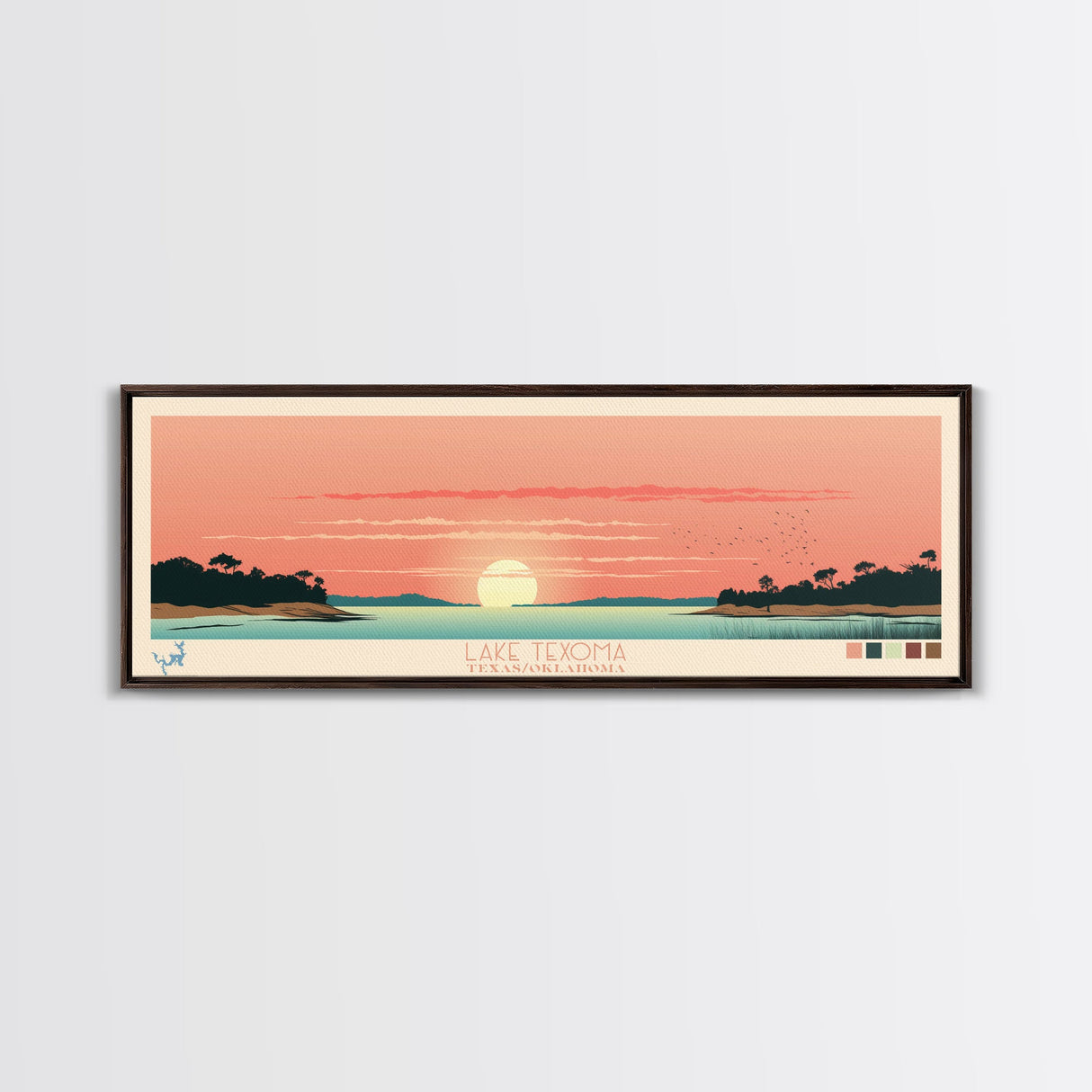 Lake Texoma Oklahoma Framed Canvas Print, Panoramic Wall Art, Midcentury Modern, Pop Art, Bedroom Art, Travel Poster, Lake House Decor