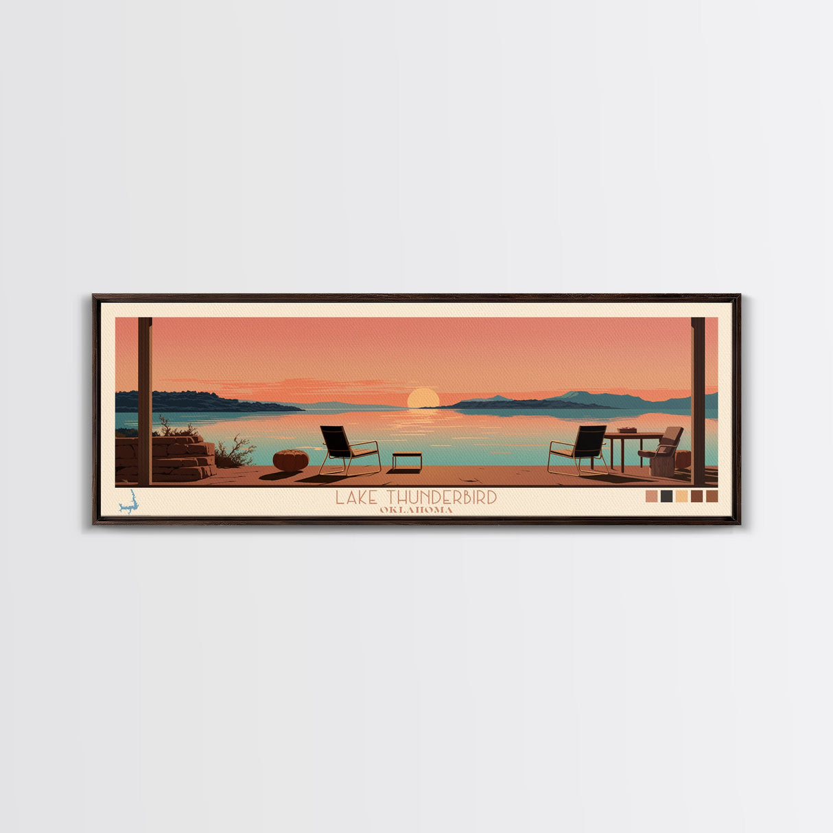 Lake Thunderbird Oklahoma Framed Canvas Print, Panoramic Wall Art, Midcentury Modern, Pop Art, Living Room Decor, Travel Poster, Lake House Art