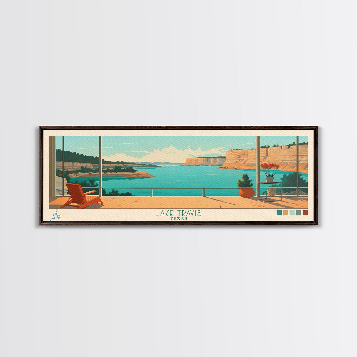 Lake Travis Texas Framed Canvas Print, Panoramic Wall Art, Midcentury Modern, Pop Art, Living Room Decor, Travel Poster, Lake House Art