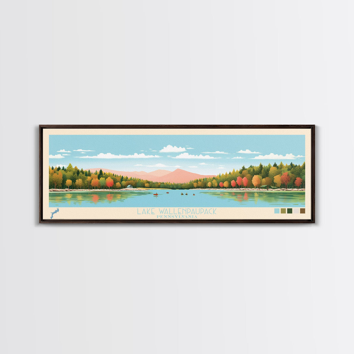 Lake Wallenpaupack, Pennsylvania Panoramic Wall Art Framed Canvas Print, Midcentury Modern, Pop Art, Home Decor, Travel Poster, Living Room Art