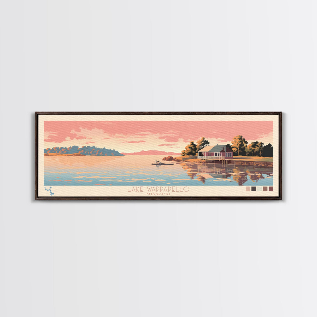 Lake Wappapello, Missouri Panoramic Wall Art Framed Canvas Print, Midcentury Modern, Pop Art, Home Decor, Travel Poster, Bedroom Art