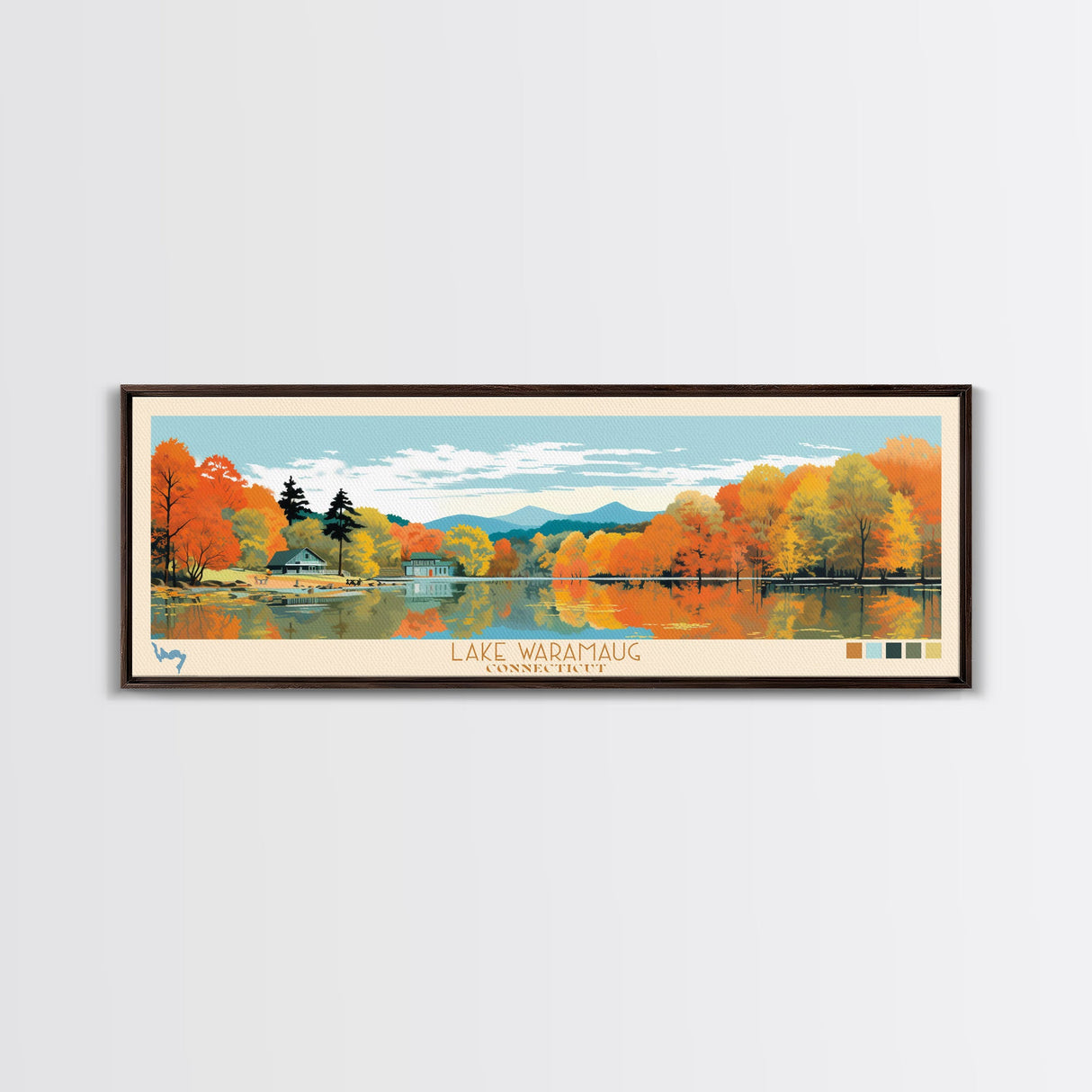 Lake Waramaug, Connecticut Panoramic Wall Art Framed Canvas Print, Midcentury Modern, Pop Art, Home Decor, Travel Poster, Living Room Art