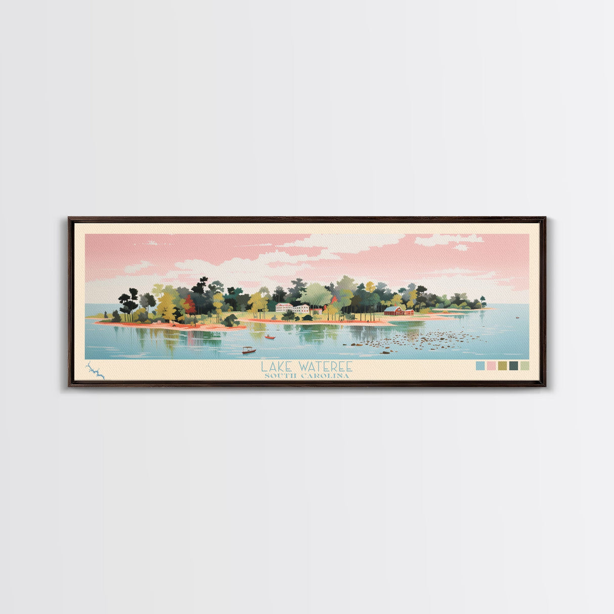 Lake Wateree, South Carolina Panoramic Wall Art Framed Canvas Print, Midcentury Modern, Pop Art, Home Decor, Travel Poster, Living Room Art