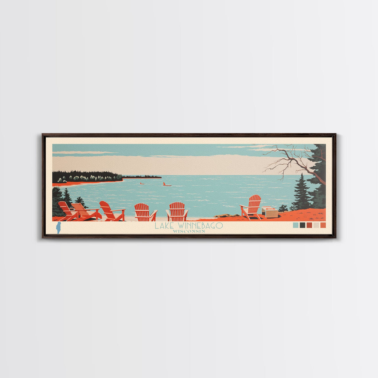 Lake Winnebago, Wisconsin Panoramic Wall Art Framed Canvas Print, Midcentury Modern, Pop Art, Home Decor, Travel Poster, Living Room Art