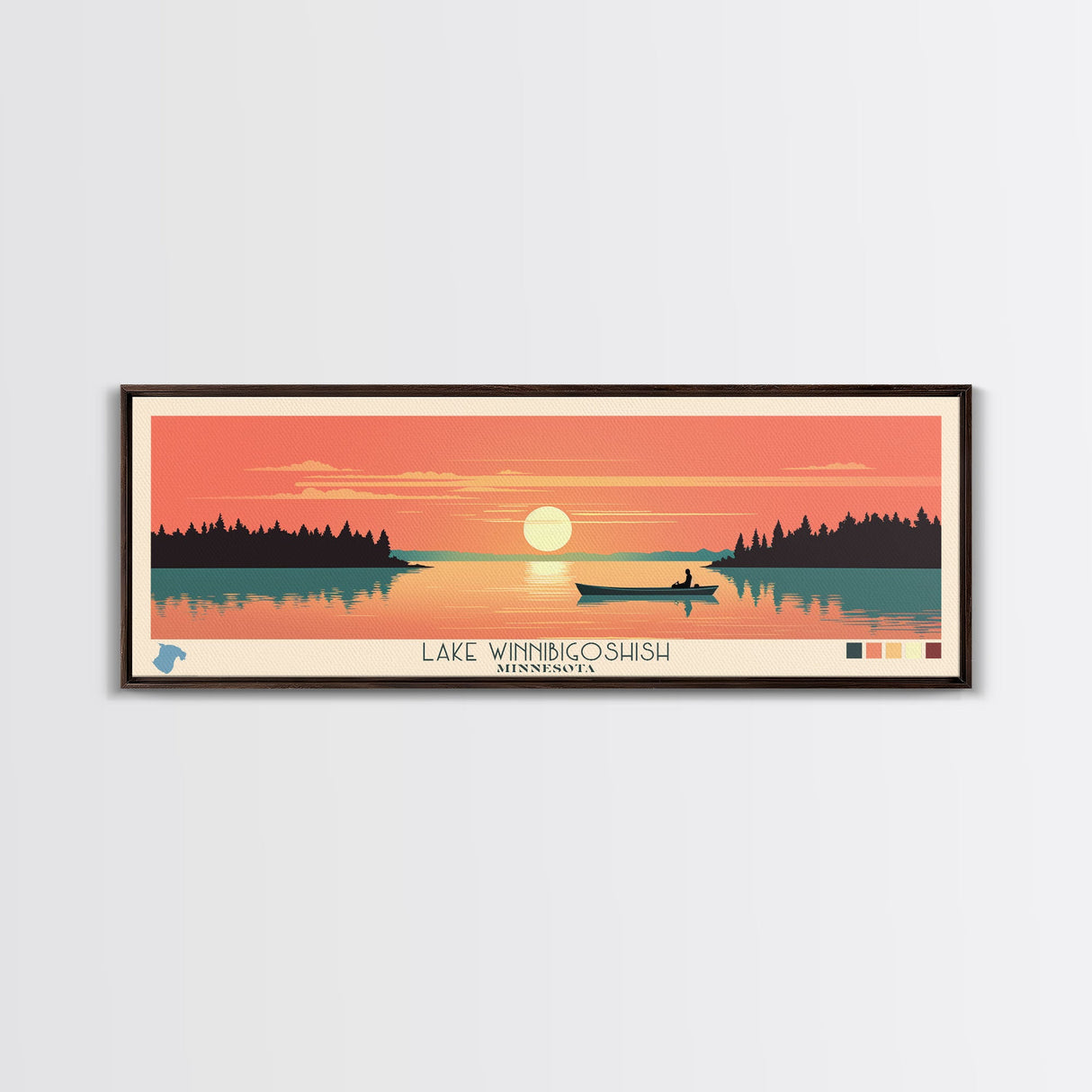 Lake Winnibigoshish, Minnesota Panoramic Wall Art Framed Canvas Print, Midcentury Modern, Pop Art, Home Decor, Travel Poster, Bedroom Art