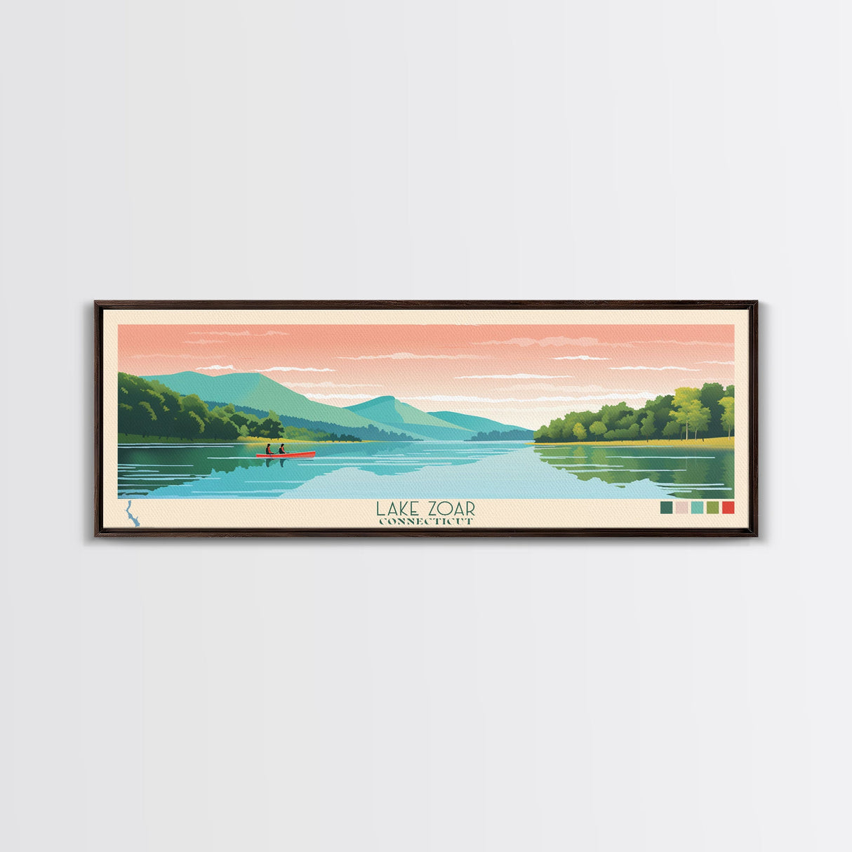 Lake Zoar, Connecticut Panoramic Wall Art Framed Canvas Print, Midcentury Modern, Pop Art, Home Decor, Travel Poster, Living Room Art