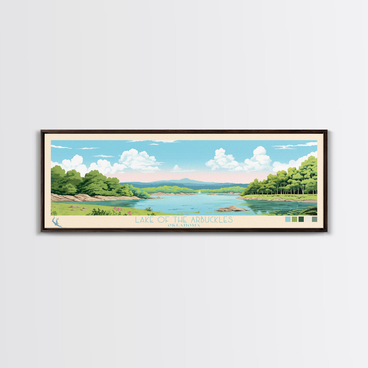 Lake of the Arbuckles Oklahoma Framed Canvas Print, Panoramic Wall Art, Midcentury Modern, Pop Art, Bedroom Art, Travel Poster, Lake House Decor