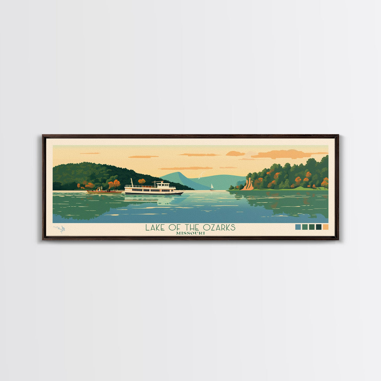 Lake of the Ozarks Missouri Framed Canvas Print, Panoramic Wall Art, Midcentury Modern, Pop Art, Living Room Decor, Travel Poster, Lake House Art