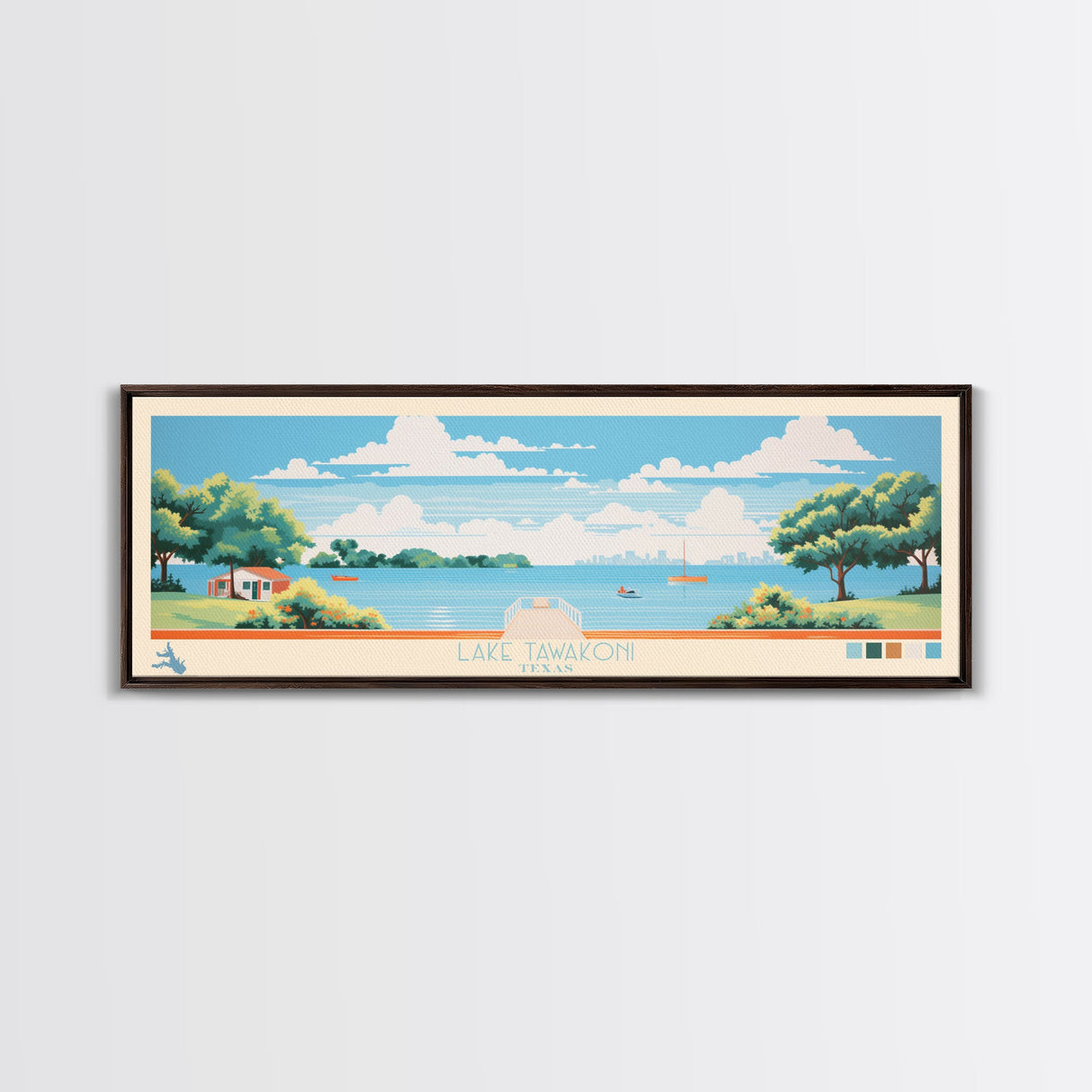 Lake Tawakoni, Texas Panoramic Wall Art Framed Canvas Print, Midcentury Modern, Pop Art, Home Decor, Travel Poster, Bedroom Art