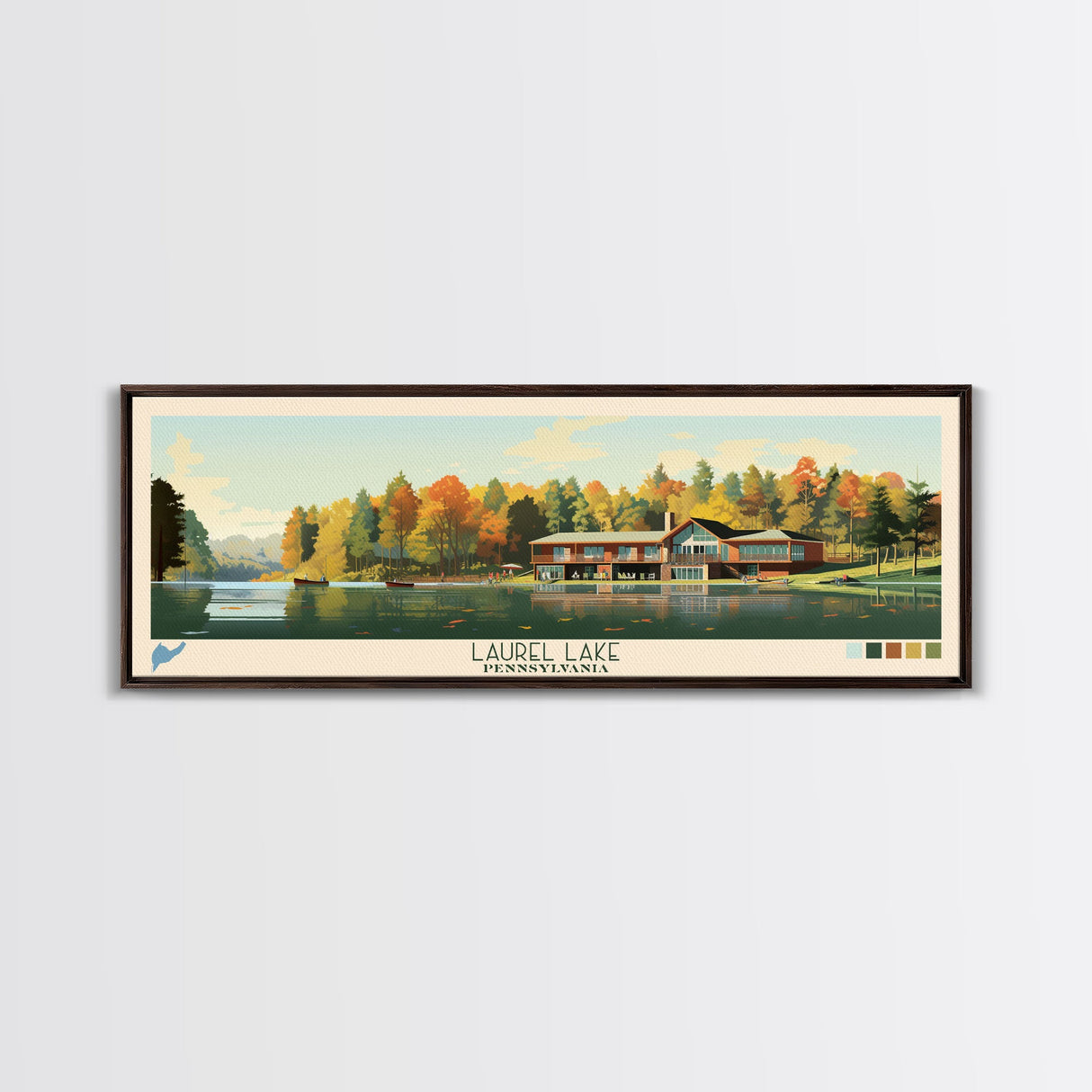 Laurel Lake, Pennsylvania Panoramic Wall Art Framed Canvas Print, Midcentury Modern, Pop Art, Home Decor, Travel Poster, Bedroom Art