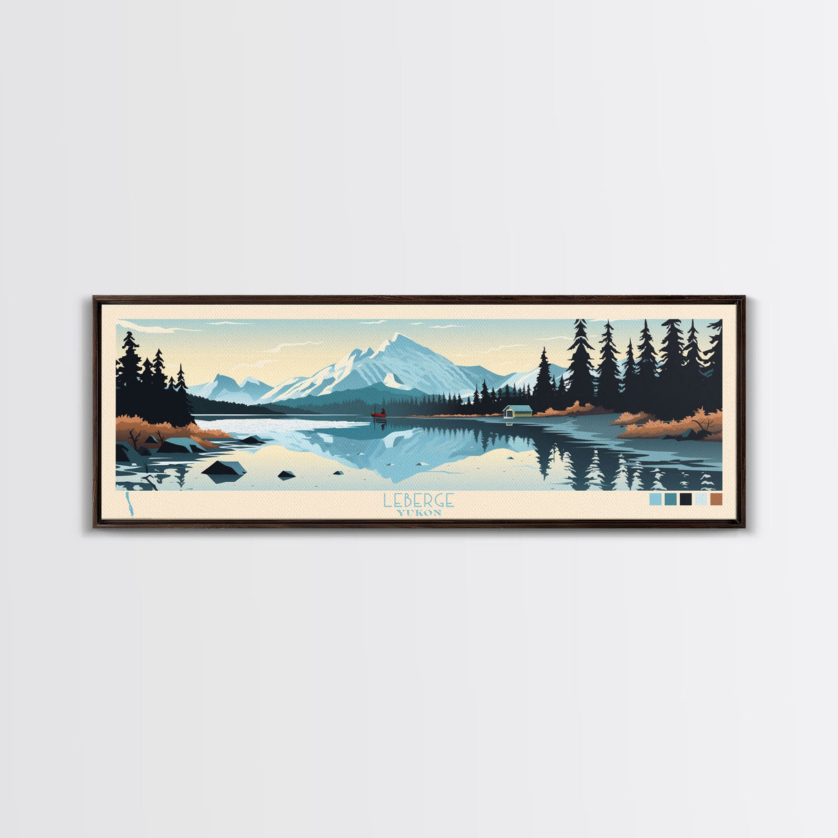 Leberge Lake, Yukon Panoramic Wall Art Framed Canvas Print, Midcentury Modern, Pop Art, Home Decor, Travel Poster, Bedroom Art