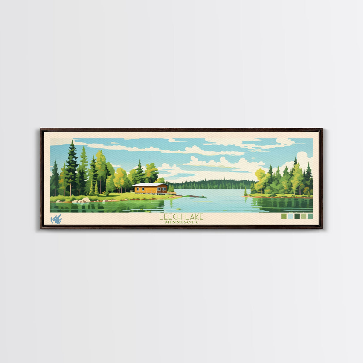 Leech Lake, Minnesota Panoramic Wall Art Framed Canvas Print, Midcentury Modern, Pop Art, Home Decor, Travel Poster, Living Room Art