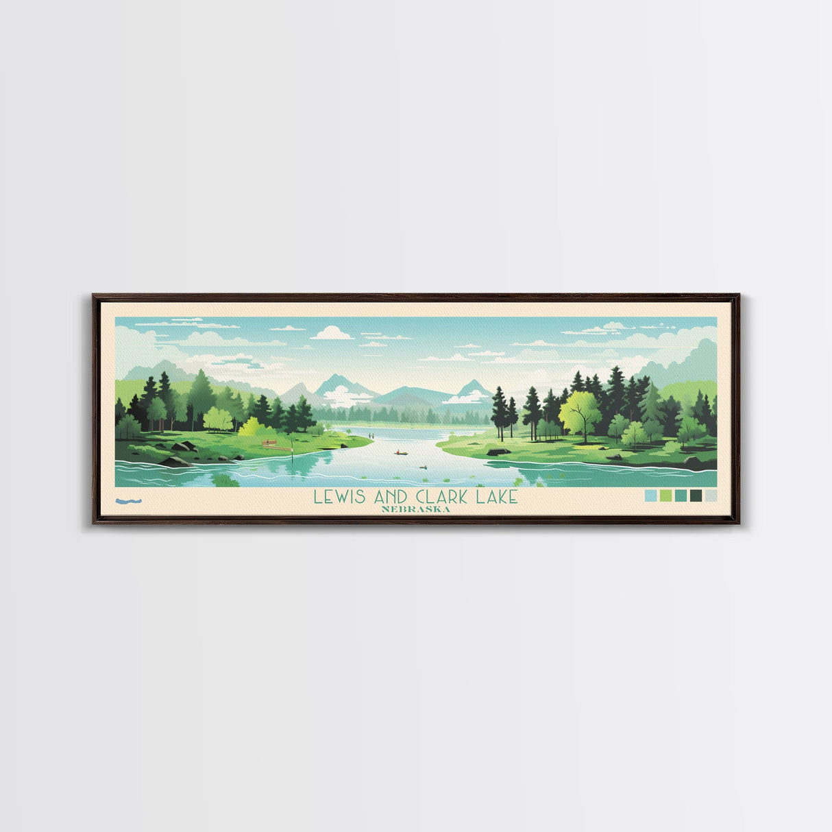 Lewis and Clark Lake, Nebraska Panoramic Wall Art Framed Canvas Print, Midcentury Modern, Pop Art, Home Decor, Travel Poster, Bedroom Art