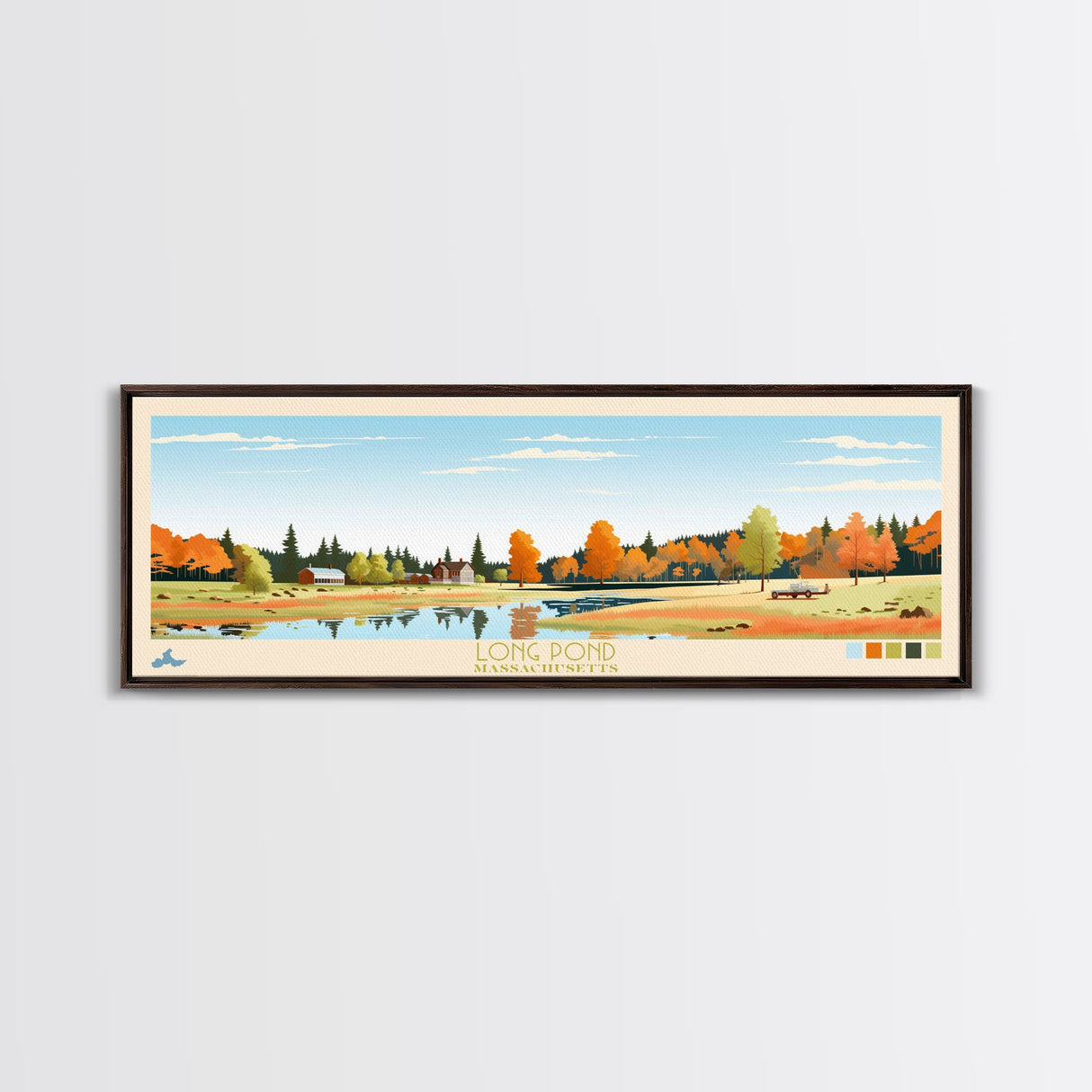 Long Pond, Massachusetts Panoramic Wall Art Framed Canvas Print, Midcentury Modern, Pop Art, Home Decor, Travel Poster, Bedroom Art