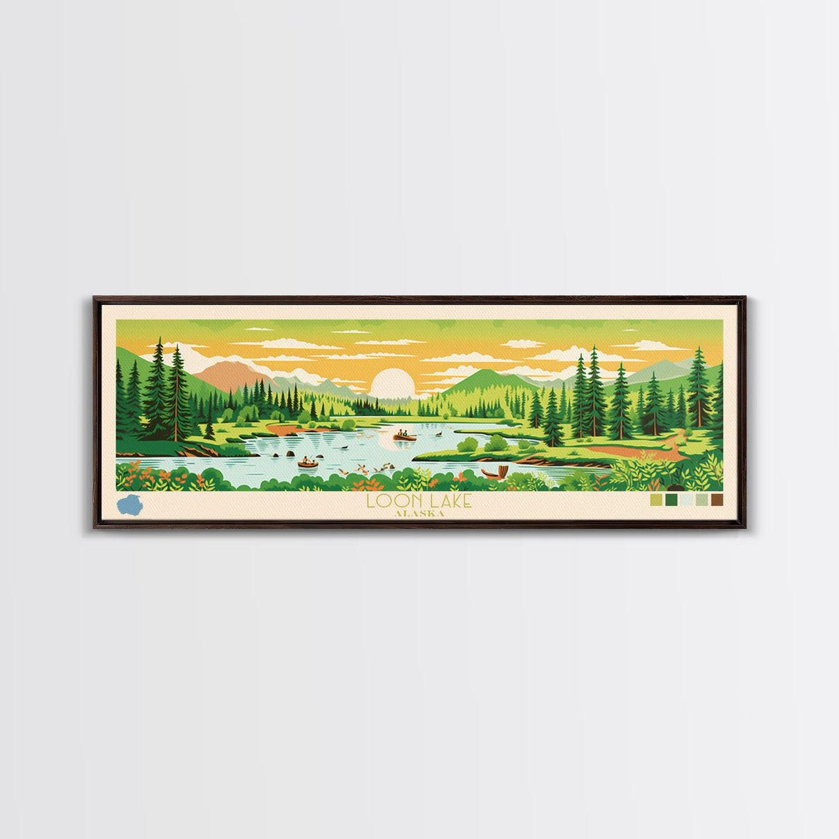 Loon Lake, Alaska Panoramic Wall Art Framed Canvas Print, Midcentury Modern, Pop Art, Home Decor, Travel Poster, Living Room Art